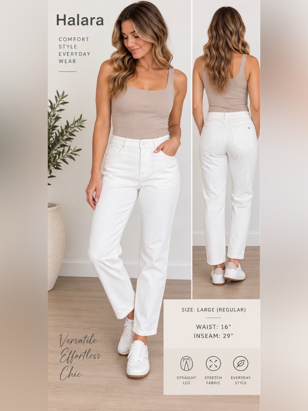 296 Halara White Stretch Straight Leg Jeans Pants Large Regular High Rise